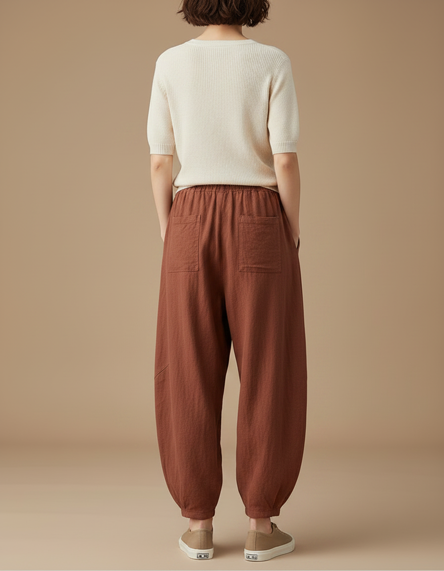 Pantalon Chinois Marron Ample Coton Lin Vintage Harem - vue 2