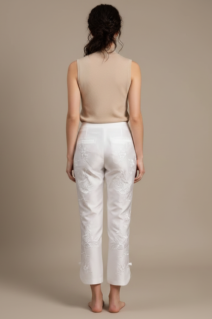 Pantalon Chinois Blanc Brodé Floral Élégant Femme - Satin - vue 2