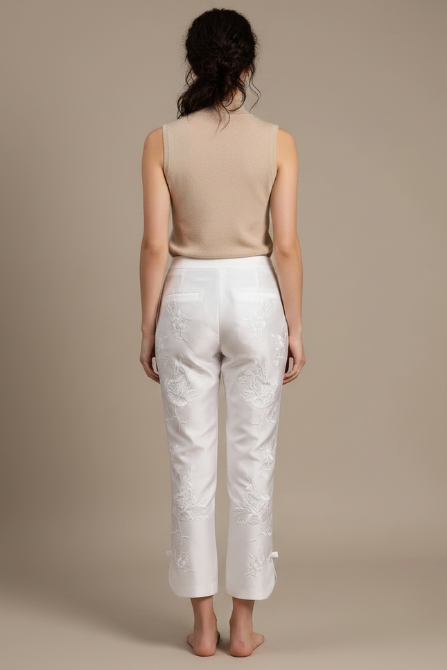 Pantalon Chinois Blanc Brodé Floral Élégant Femme - Satin - vue 2