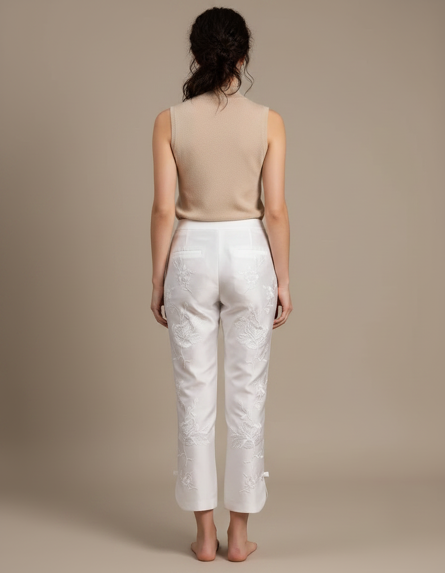 Pantalon Chinois Blanc Brodé Floral Élégant Femme - Satin - vue 2