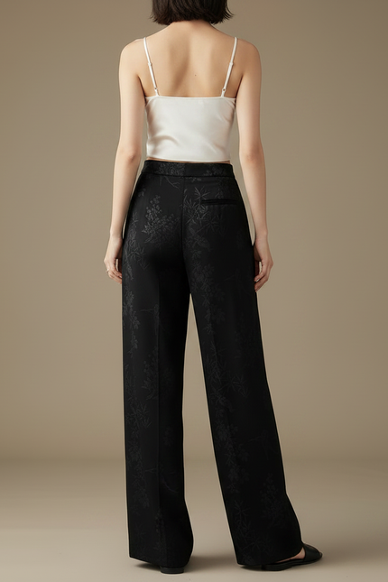 Pantalon Chinois Noir Satin Imprimé Fluide Femme - vue 2