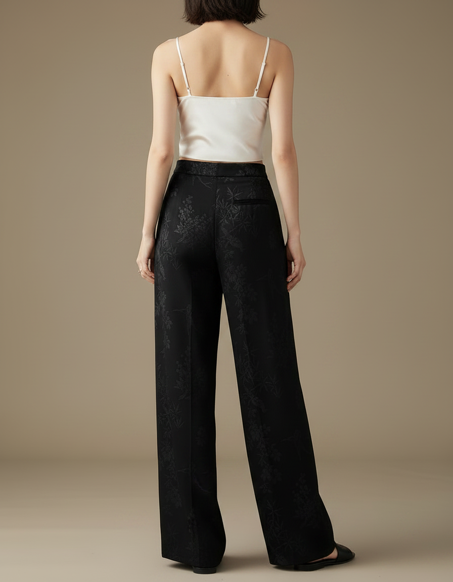 Pantalon Chinois Noir Satin Imprimé Fluide Femme - vue 2