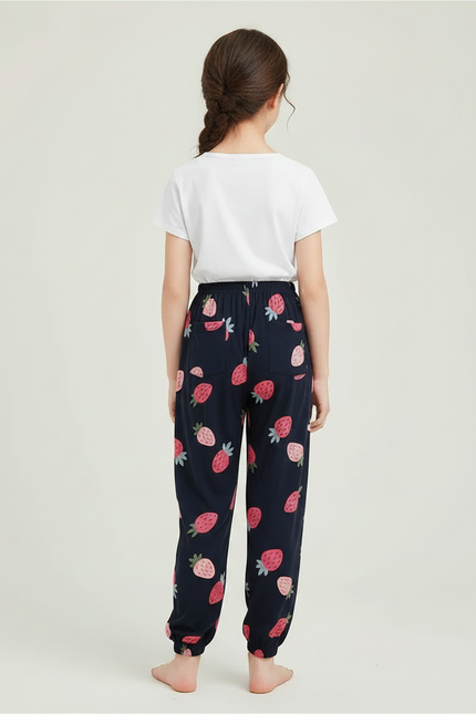Pantalon Chinois Bleu Marine Fraises Ample Fille - Imprimé Viscose - vue 2
