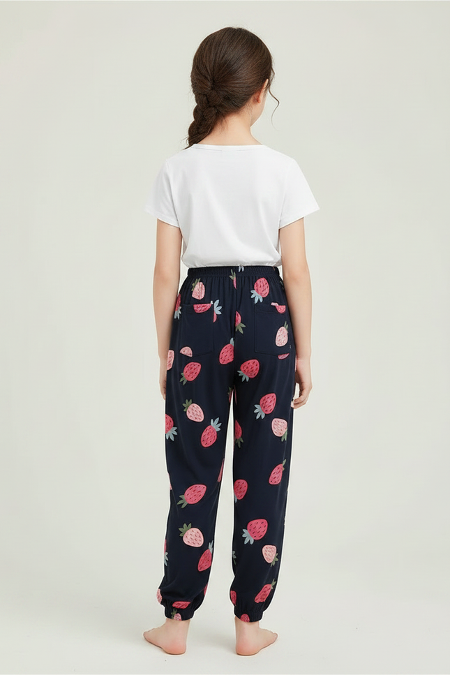 Pantalon Chinois Bleu Marine Fraises Ample Fille - Imprimé Viscose - vue 2
