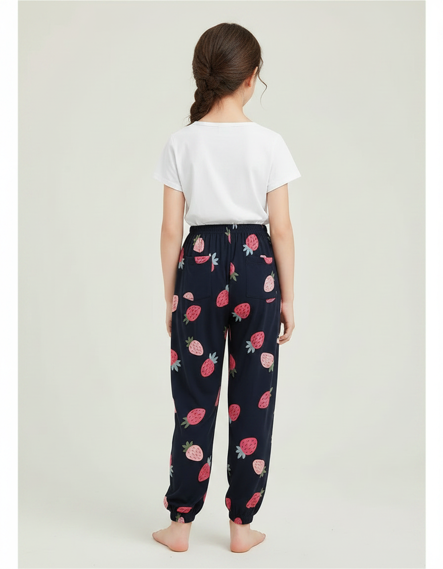 Pantalon Chinois Bleu Marine Fraises Ample Fille - Imprimé Viscose - vue 2