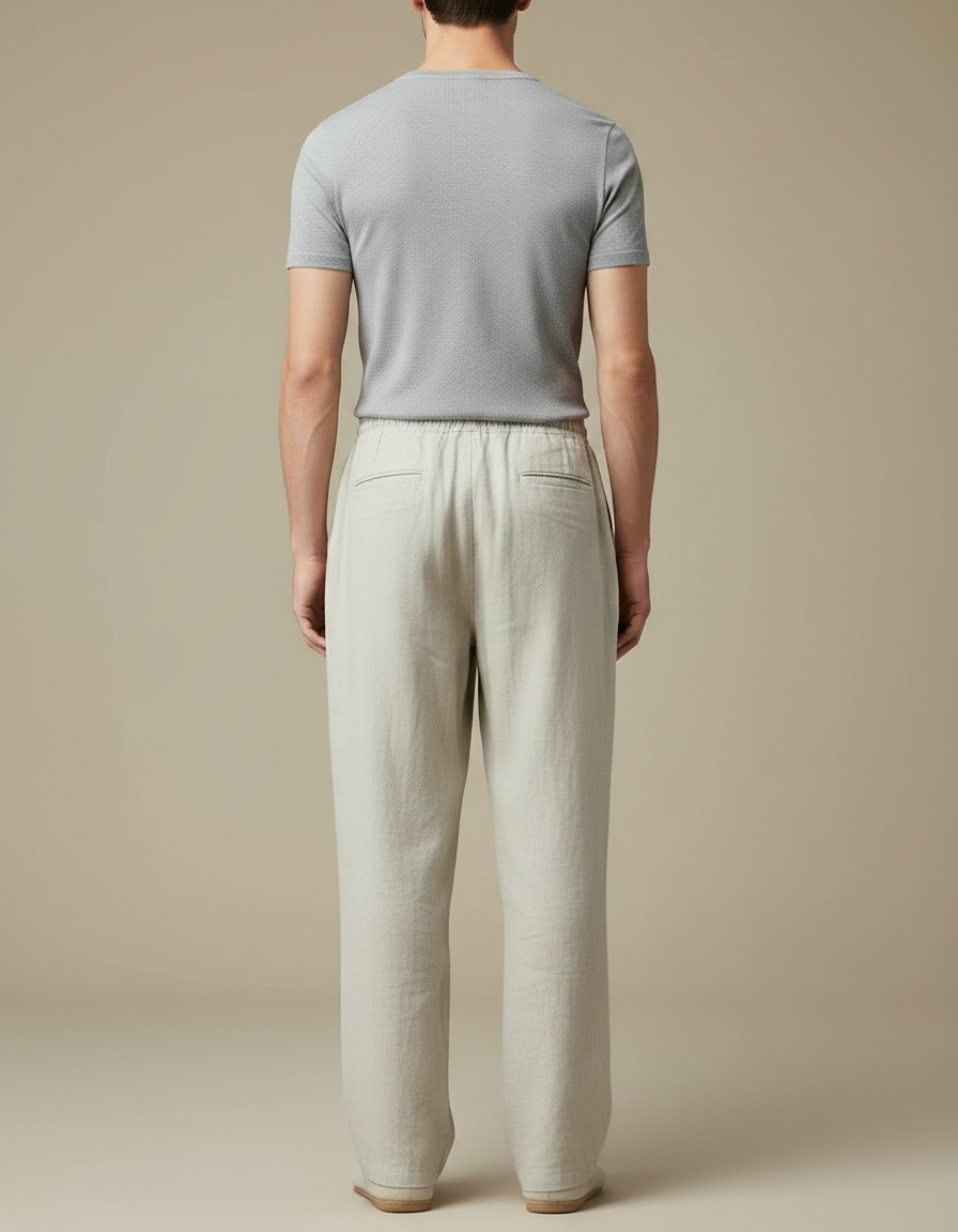 Pantalon Chinois Lin Beige Ample Cordon Homme - vue 2