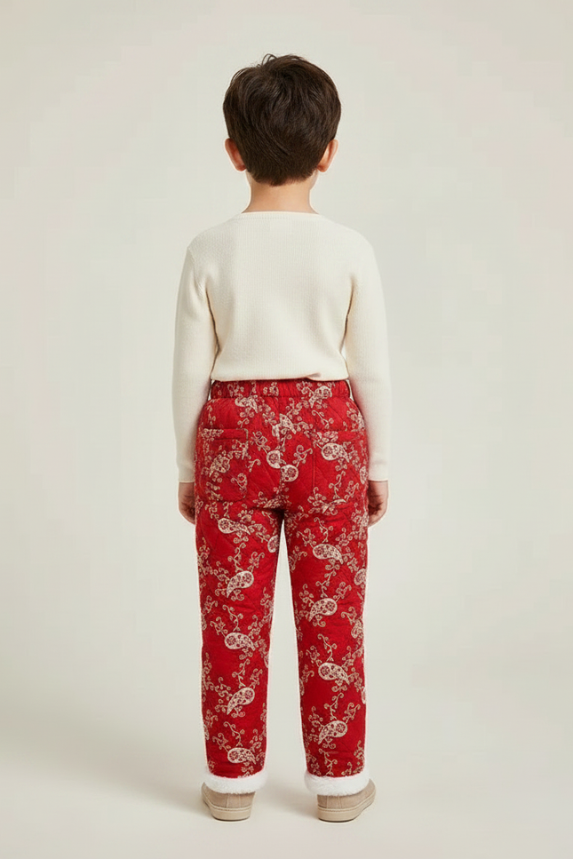 Pantalon Chinois Rouge Matelassé Enfant Motif Floral - Polyester - vue 2