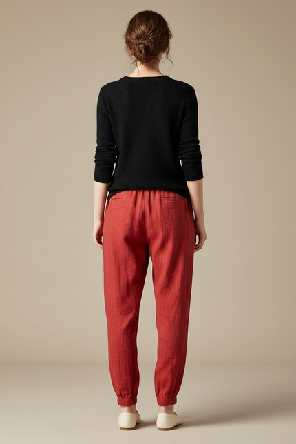 Pantalon Chinois Rouge Coton Brodé Grue Ample - Lin - vue 2