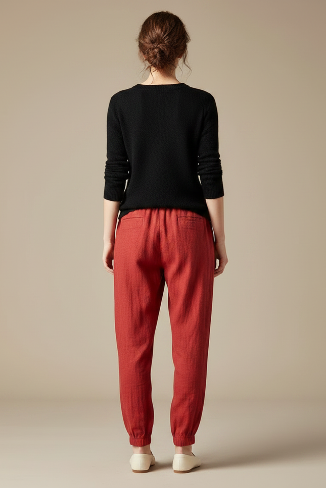 Pantalon Chinois Rouge Coton Brodé Grue Ample - Lin - vue 2