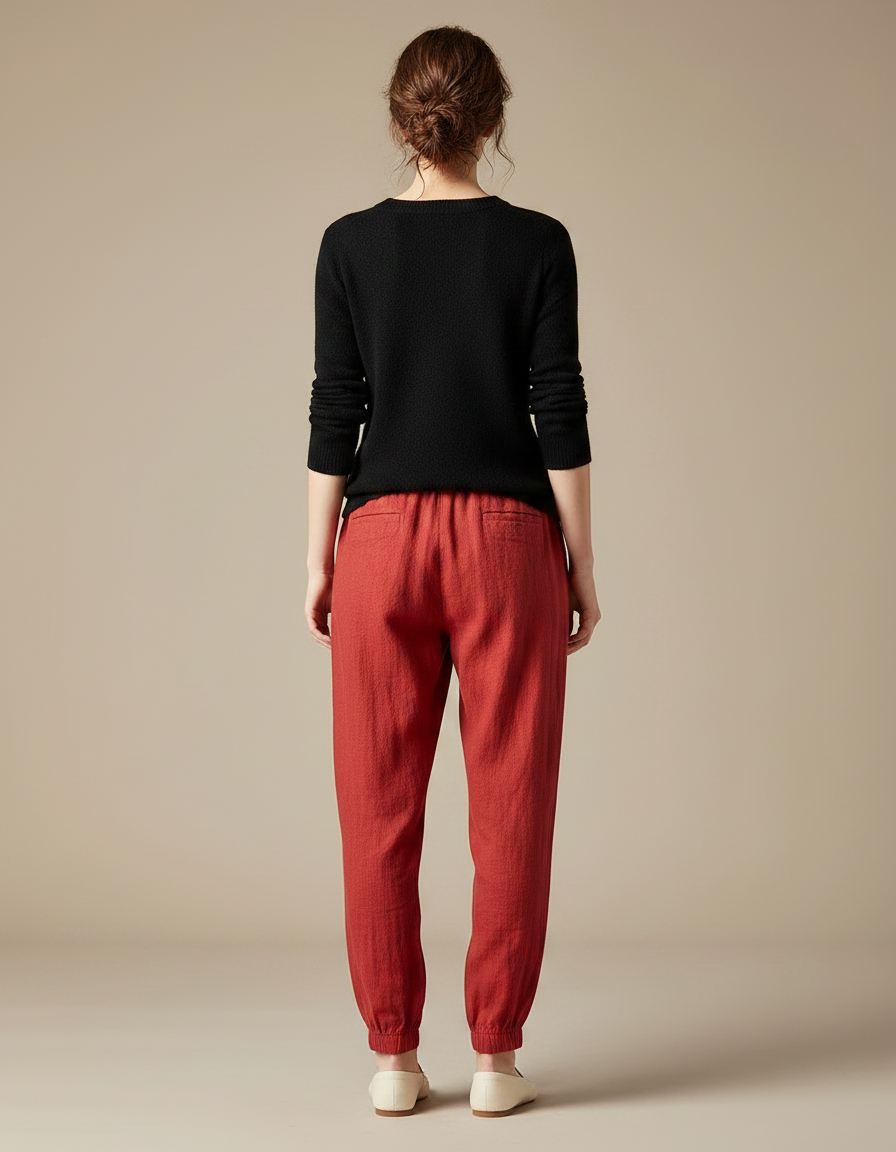 Pantalon Chinois Rouge Coton Brodé Grue Ample - Lin - vue 2