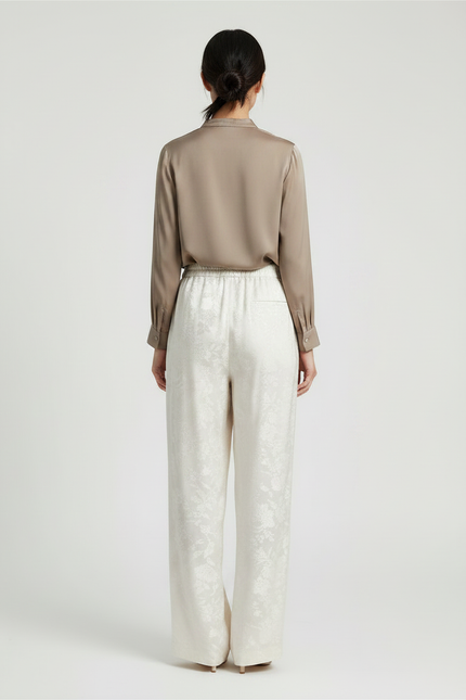 Pantalon Chinois Crème Satin Jacquard Ample Élégant - Beige - vue 2