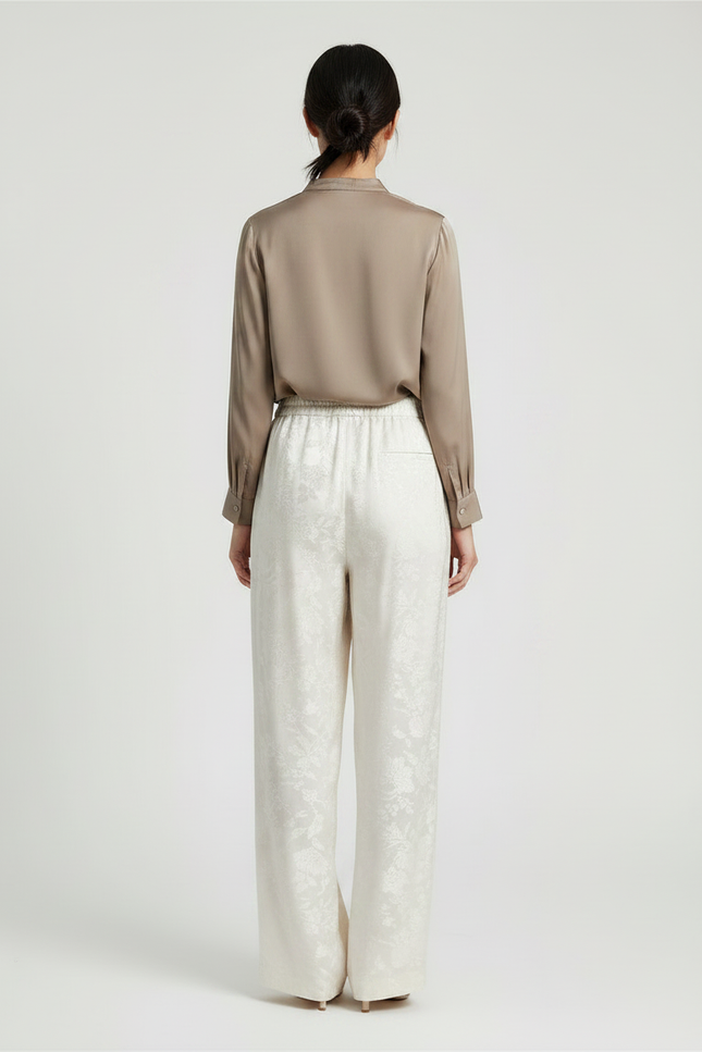 Pantalon Chinois Crème Satin Jacquard Ample Élégant - Beige - vue 2