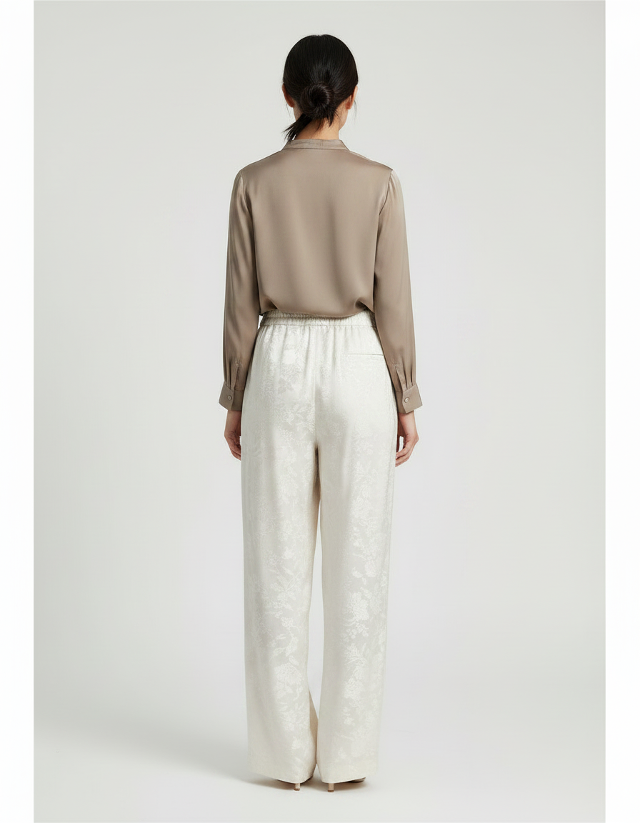 Pantalon Chinois Crème Satin Jacquard Ample Élégant - Beige - vue 2