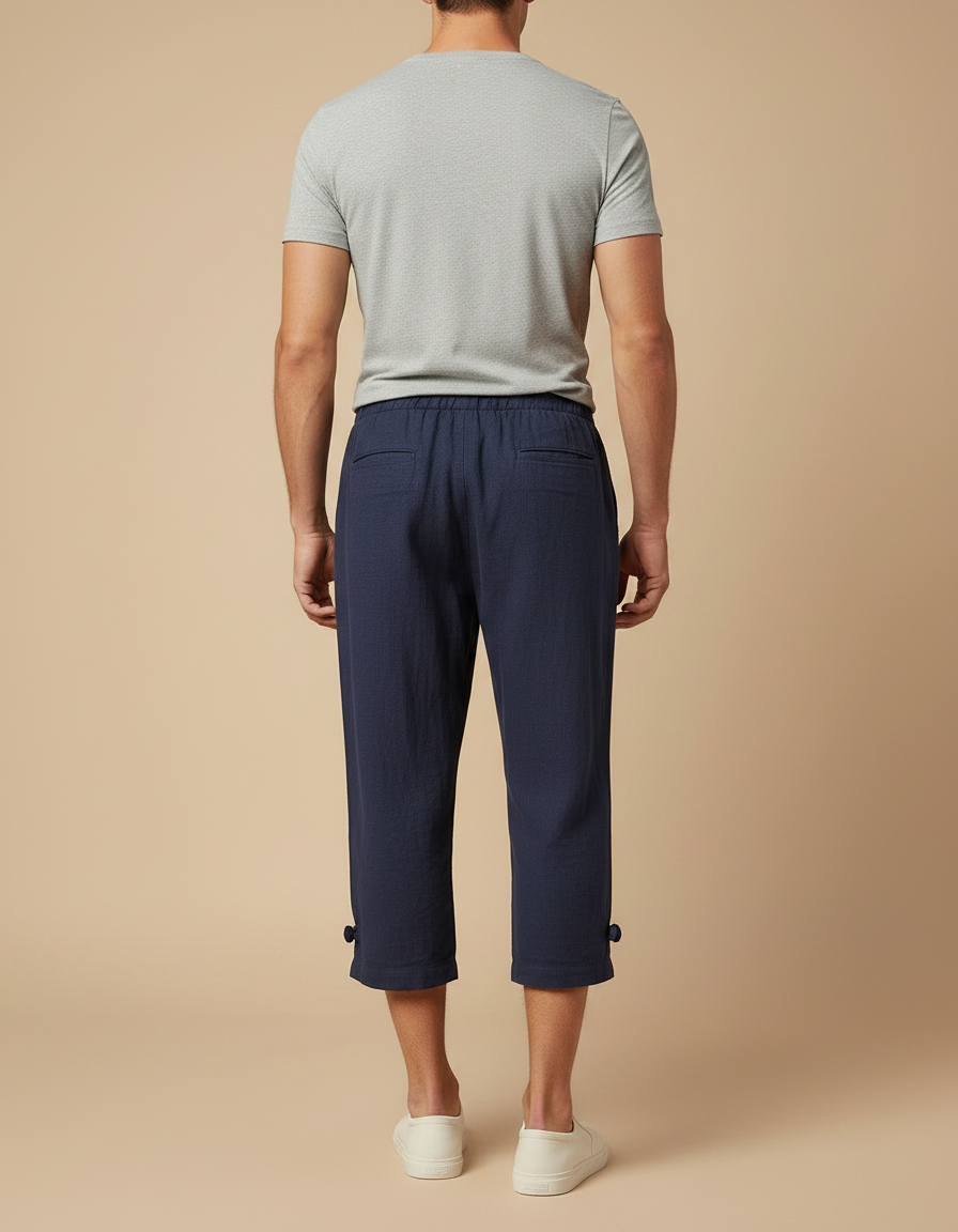 Pantalon Chinois Bleu Marine Lin Ample Décontracté Homme - vue 2