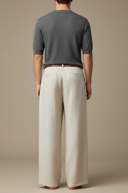 Pantalon Chinois Beige Ample Texturé Ethnique Ceinturé - Lin - vue 2