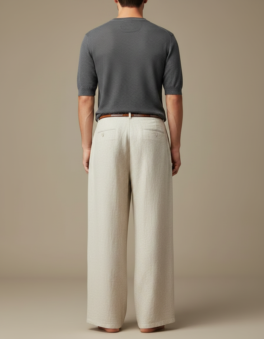 Pantalon Chinois Beige Ample Texturé Ethnique Ceinturé - Lin - vue 2