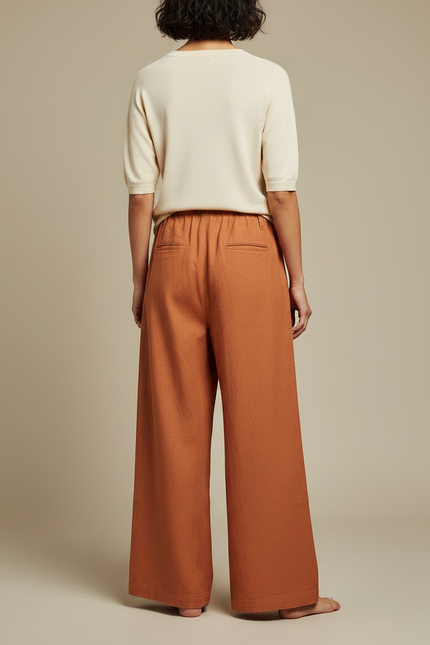 Pantalon Chinois Ample Coton Lin Marron Confortable - Orange - vue 2