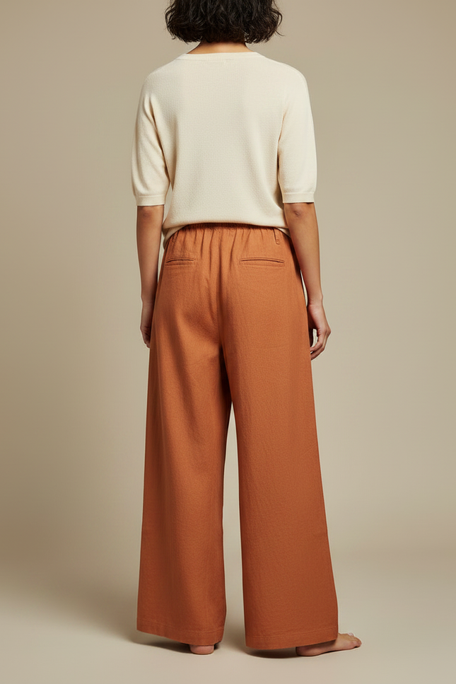Pantalon Chinois Ample Coton Lin Marron Confortable - Orange - vue 2