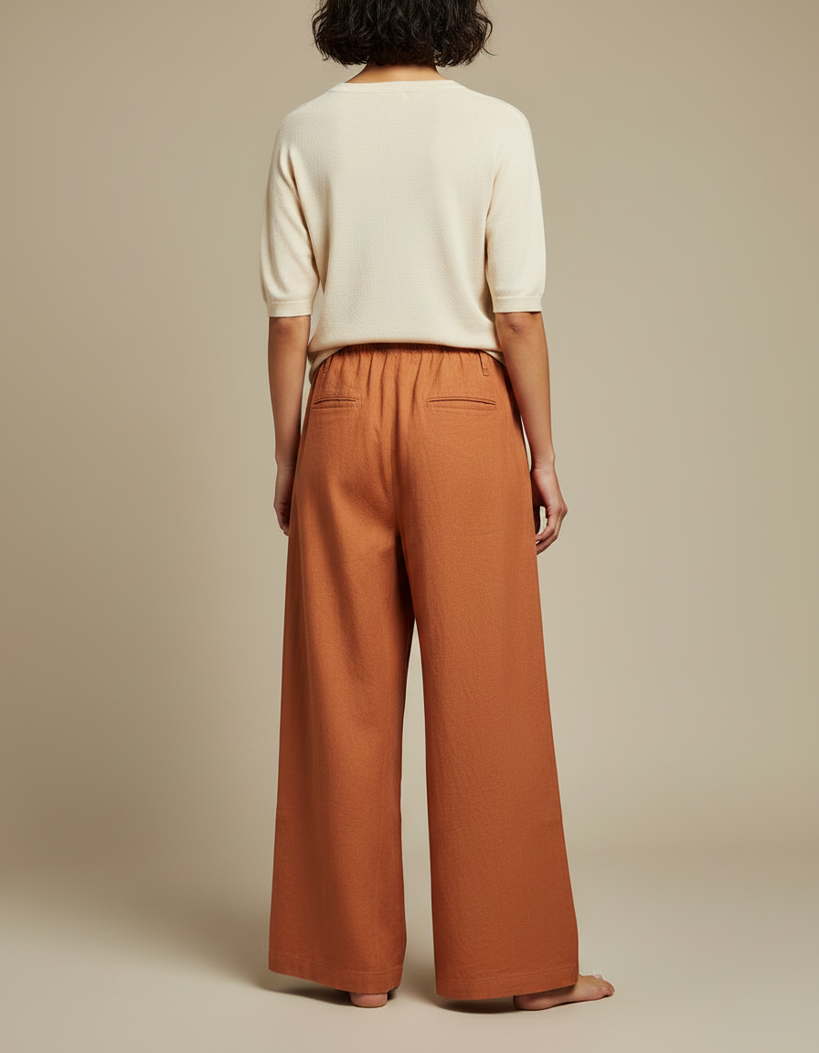 Pantalon Chinois Ample Coton Lin Marron Confortable - Orange - vue 2