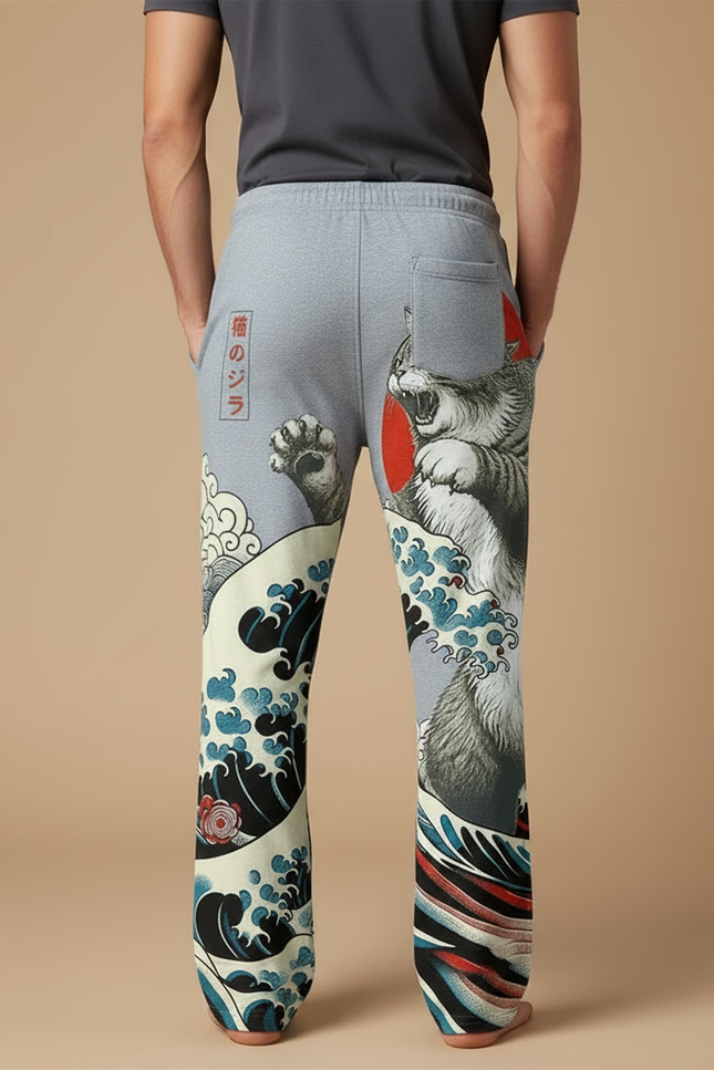 Pantalon Chinois Gris Godzilla Vagues Japonais Décontracté Homme - Molleton - vue 2