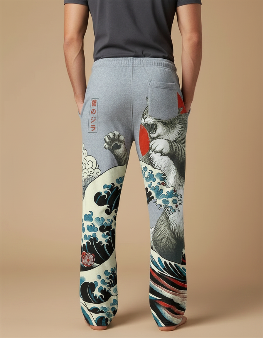 Pantalon Chinois Gris Godzilla Vagues Japonais Décontracté Homme - Molleton - vue 2