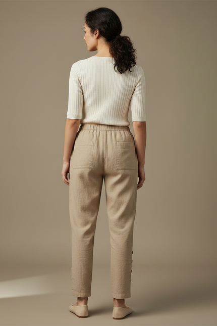 Pantalon Chinois Beige Lin Ample Boutons Décontracté - vue 2