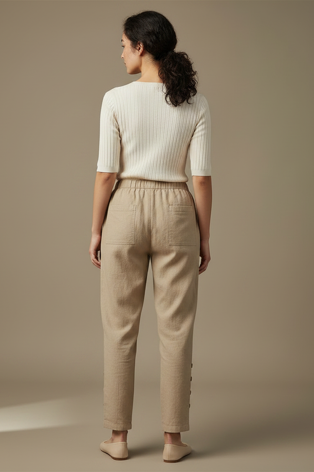 Pantalon Chinois Beige Lin Ample Boutons Décontracté - vue 2