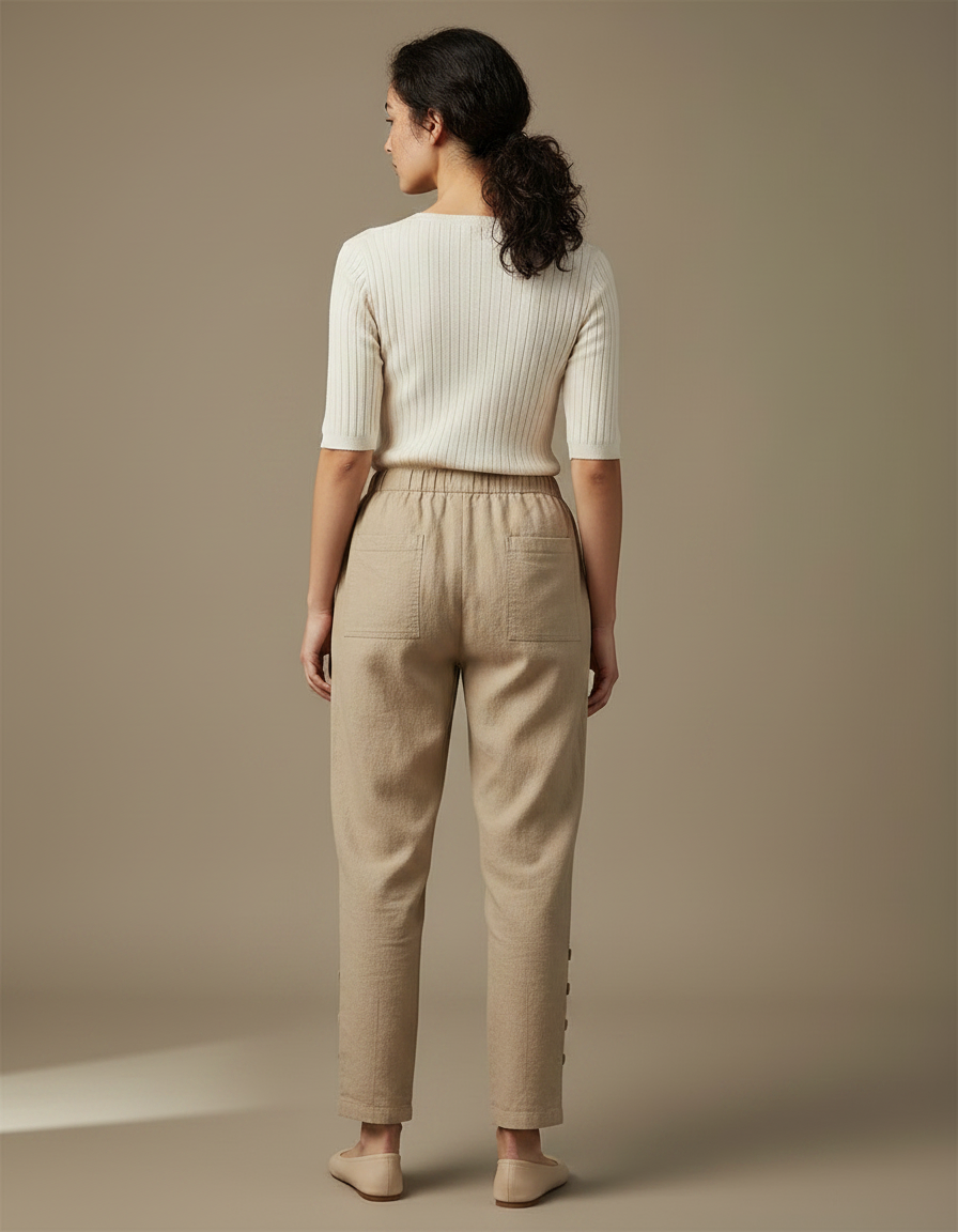 Pantalon Chinois Beige Lin Ample Boutons Décontracté - vue 2