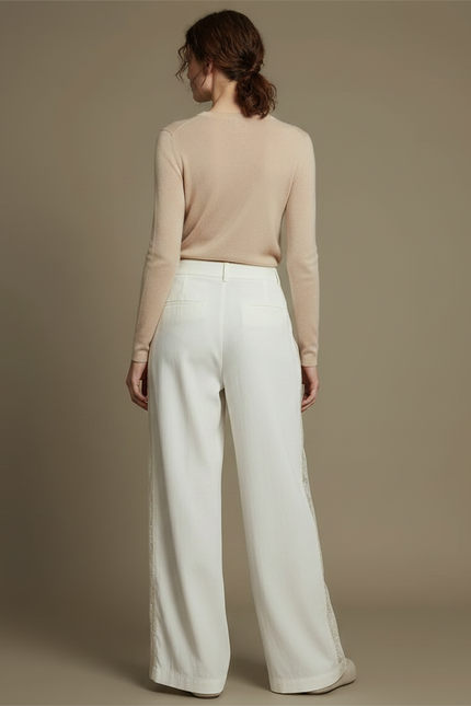 Pantalon Chinois Blanc Ample Dentelle Élégant Fluide - Lin - vue 2
