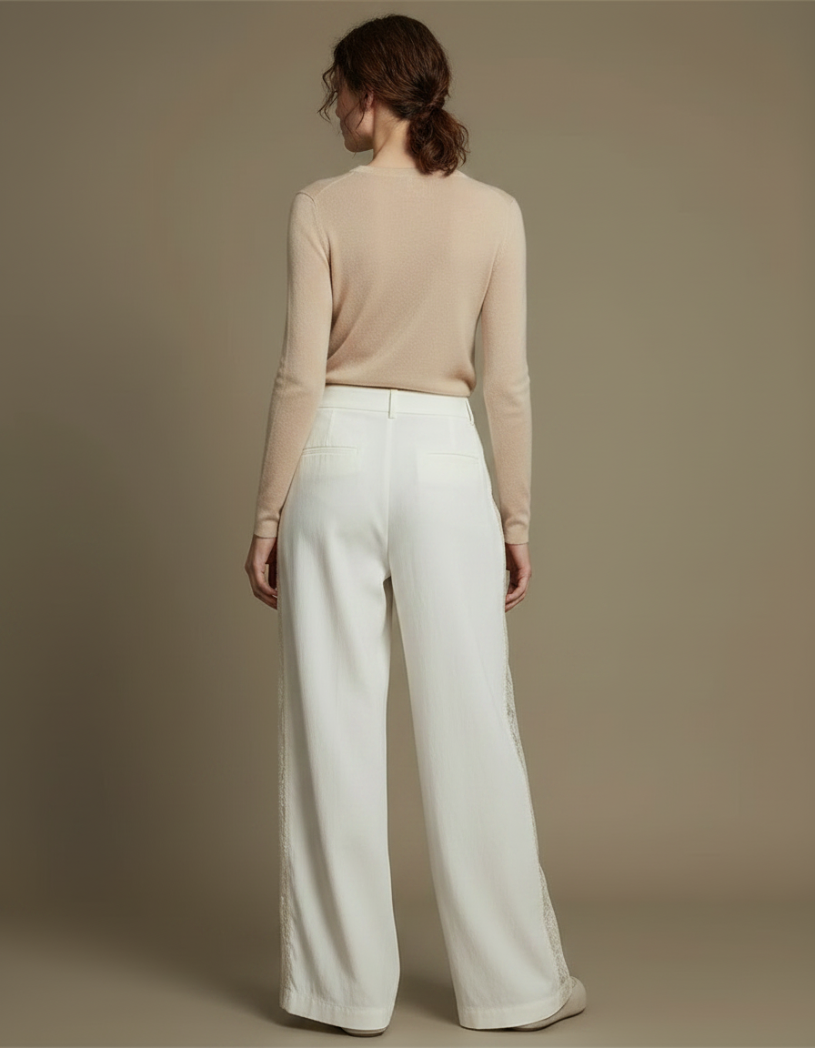 Pantalon Chinois Blanc Ample Dentelle Élégant Fluide - Lin - vue 2