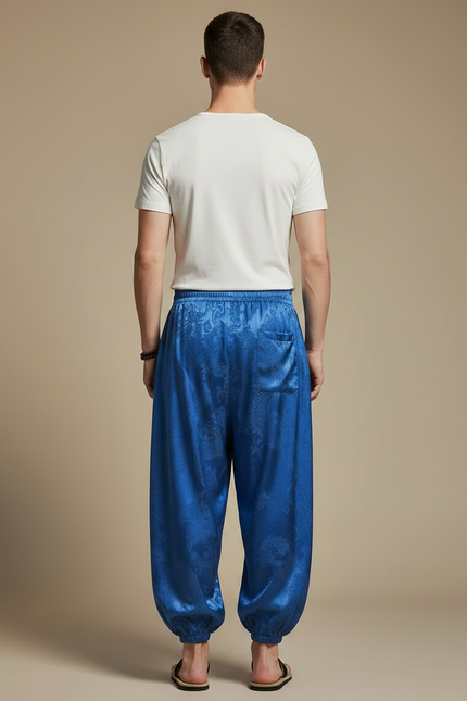 Pantalon Chinois Bleu Satin Dragon Ample Harem - vue 2