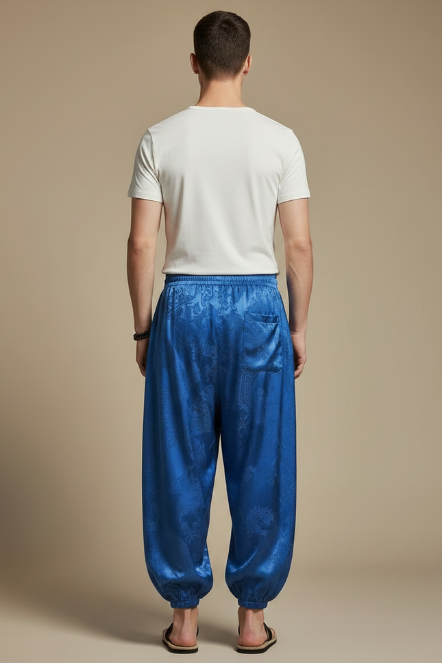 Pantalon Chinois Bleu Satin Dragon Ample Harem - vue 2