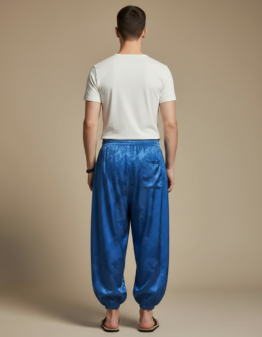 Pantalon Chinois Bleu Satin Dragon Ample Harem - vue 2