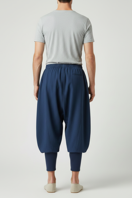 Pantalon Chinois Bleu Ample Coton Lin Moine - Marine - vue 2