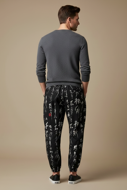 Pantalon Chinois Noir Calligraphie Ample Harem Décontracté Homme - Coton - vue 2