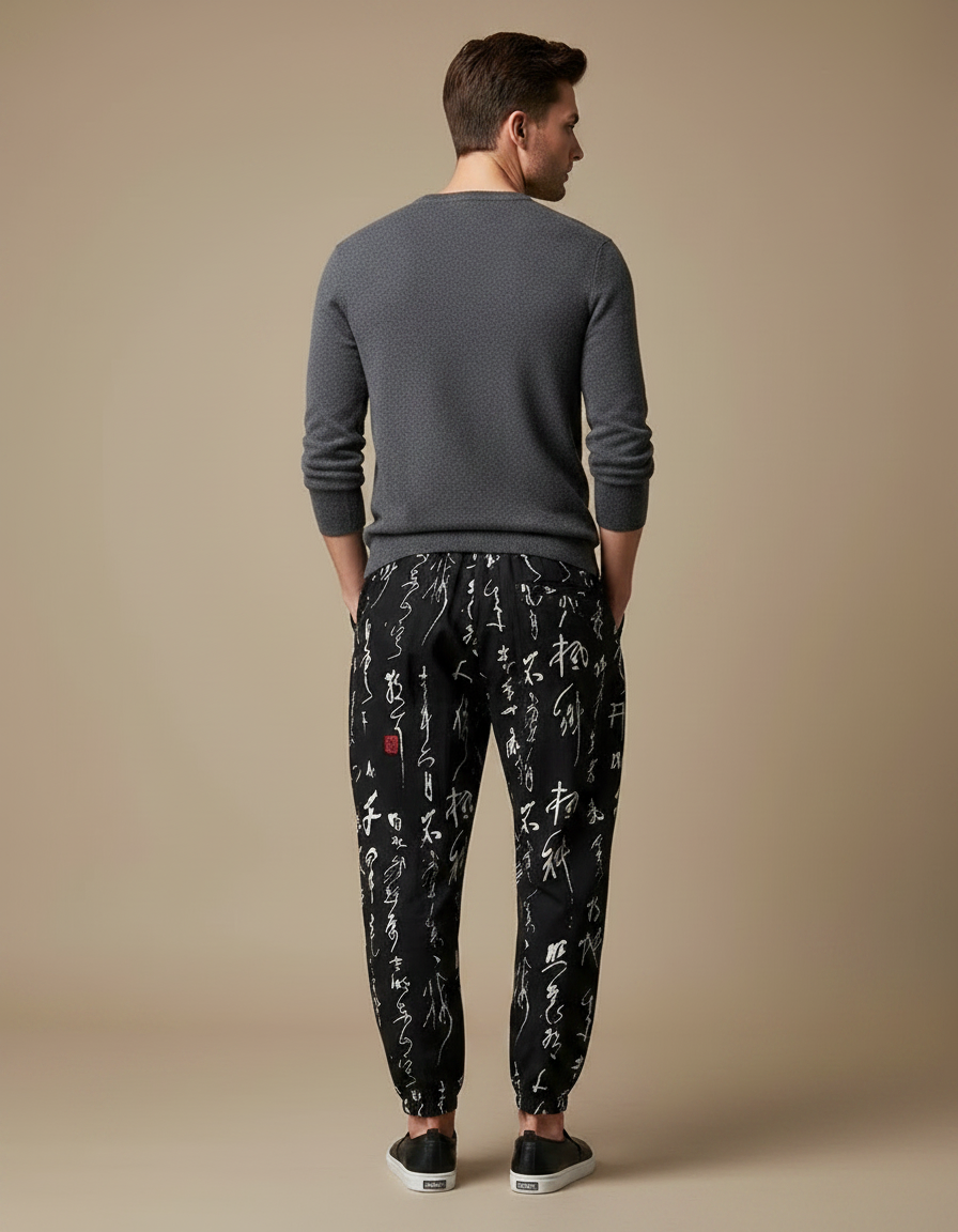 Pantalon Chinois Noir Calligraphie Ample Harem Décontracté Homme - Coton - vue 2