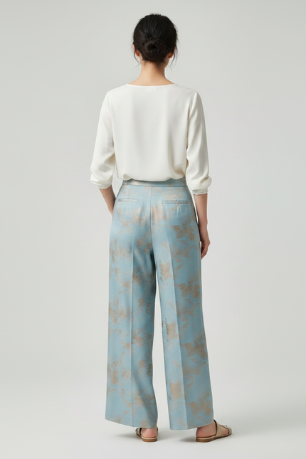 Pantalon Chinois Bleu Satiné Imprimé Doré Ample Fluide - vue 2