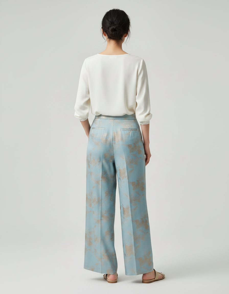 Pantalon Chinois Bleu Satiné Imprimé Doré Ample Fluide - vue 2