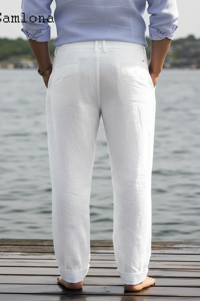 Pantalon Chinois Blanc Lin Élégant Décontracté Homme