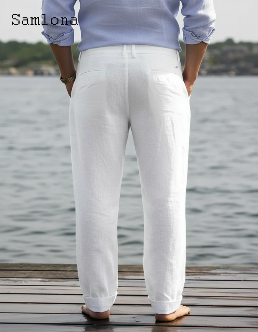 Pantalon Chinois Blanc Lin Élégant Décontracté Homme