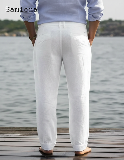 Pantalon Chinois Blanc Lin Élégant Décontracté Homme