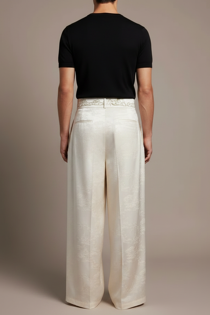 Pantalon Chinois Crème Satin Ample Jacquard Brodé - Blanc - vue 2