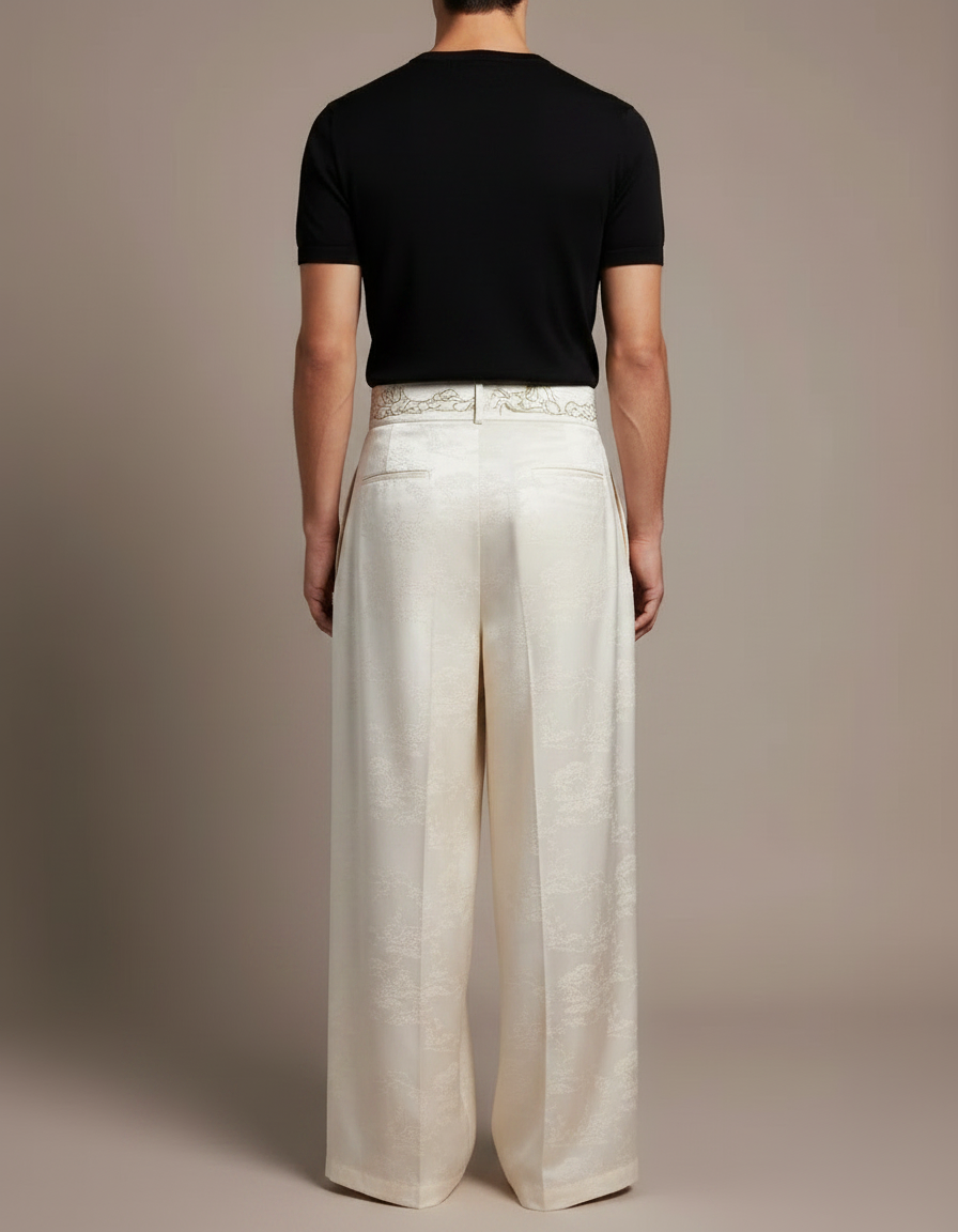 Pantalon Chinois Crème Satin Ample Jacquard Brodé - Blanc - vue 2