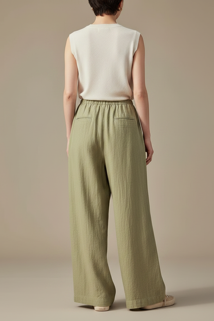 Pantalon Chinois Vert Ample Lin Décontracté Fluide - vue 2