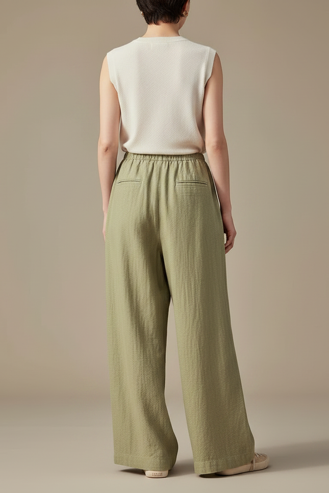 Pantalon Chinois Vert Ample Lin Décontracté Fluide - vue 2