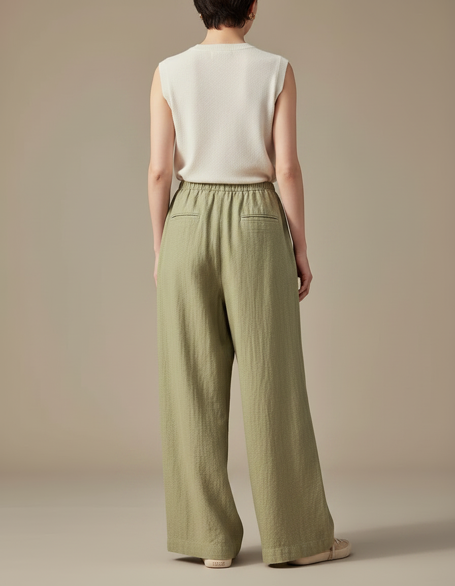 Pantalon Chinois Vert Ample Lin Décontracté Fluide - vue 2