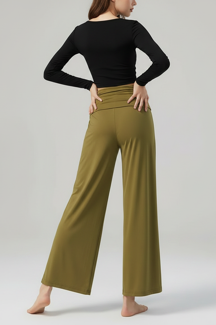 Pantalon Chinois Vert Fluide Ample Fendu Femme - Kaki Polyester - vue 2