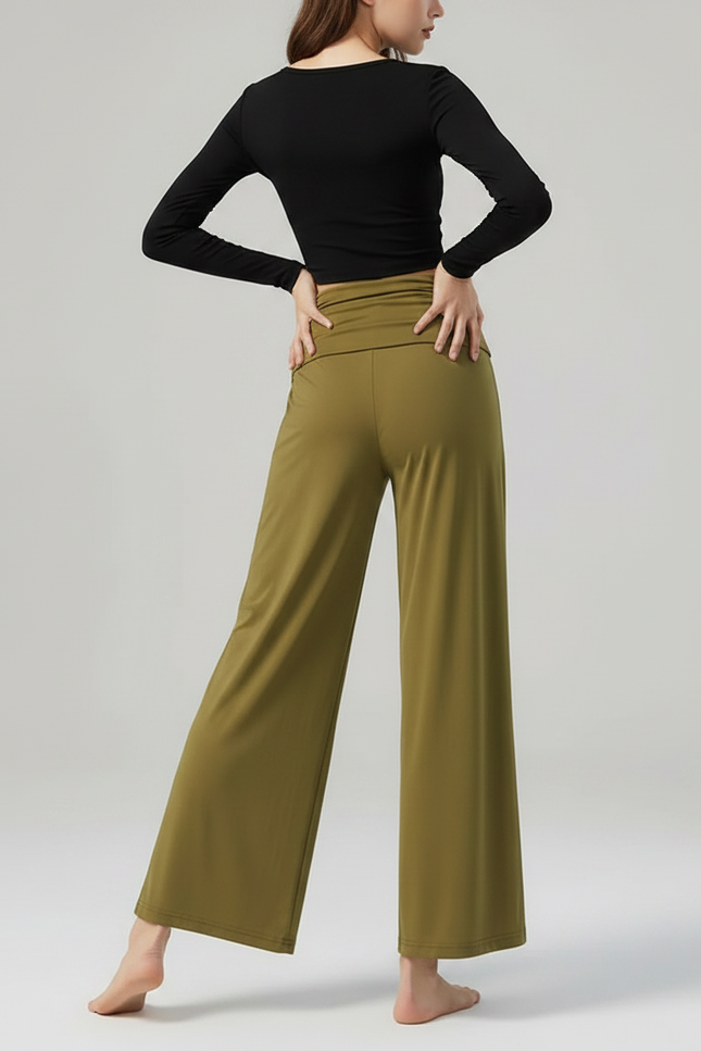 Pantalon Chinois Vert Fluide Ample Fendu Femme - Kaki Polyester - vue 2