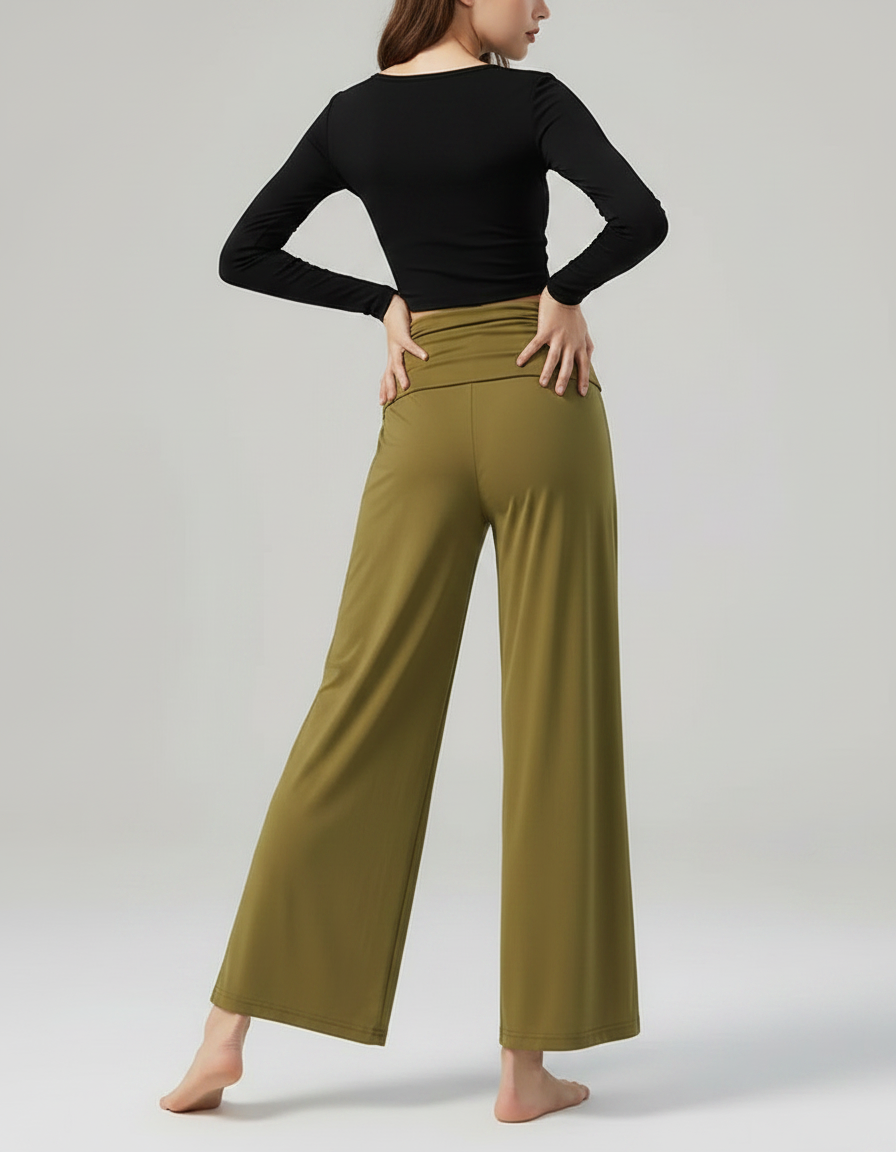 Pantalon Chinois Vert Fluide Ample Fendu Femme - Kaki Polyester - vue 2