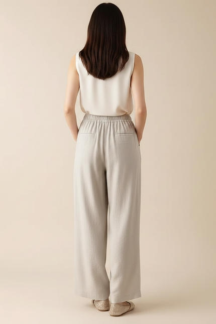 Pantalon Chinois Lin Coton Ample Fluide Décontracté - Beige - vue 2